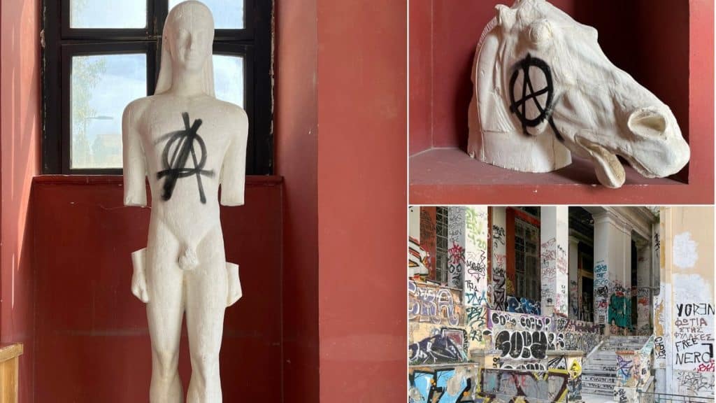 Εικόνες ντροπής στο Πολυτεχνείο – Βανδαλισμοί και συνθήματα πάνω σε γλυπτά και τοίχους