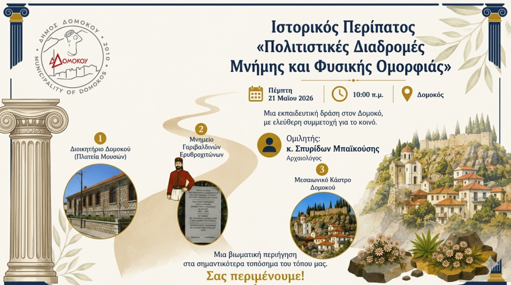 Ιστορικός Περίπατος στον Δομοκό: «Πολιτιστικές Διαδρομές Μνήμης και Φυσικής Ομορφιάς» Ιστορικός Περίπατος στον Δομοκό: «Πολιτιστικές Διαδρομές Μνήμης και Φυσικής Ομορφιάς»
