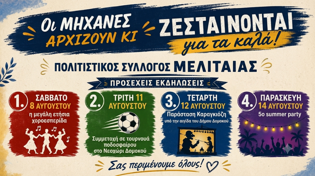 Πολιτιστικός Σύλλογος Μελιταίας: Εκδηλώσεις Αυγούστου