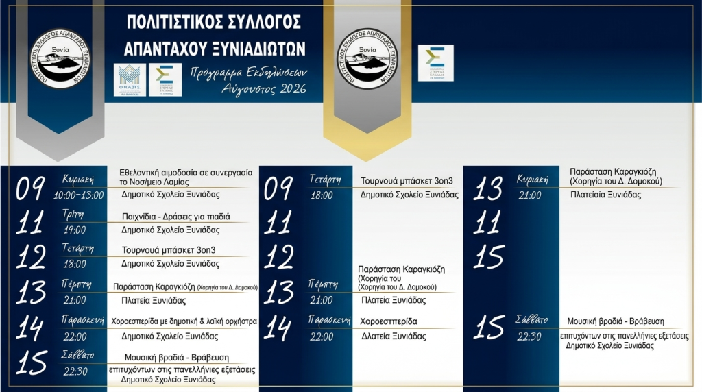 Πρόγραμμα Πολιτιστικών Εκδηλώσεων στην Ξυνιάδα Δομοκού – Αύγουστος 2026