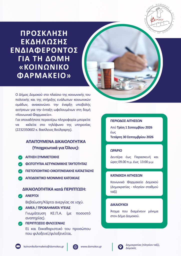 Πρόσκληση εκδήλωσης ενδιαφέροντος από τον Δήμο Δομοκού για τη δομή «Κοινωνικό Φαρμακείο»